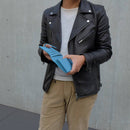 [French calf] <br>Long wallet with belt<br>color: Aqua Blue